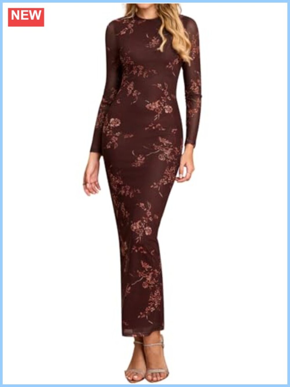 KUTUMAI Long Sleeve Floral Mesh Maxi Dress Wedding Guest Formal Bodycon